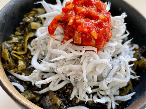 市販の高菜漬けと釜揚げしらすで作る　簡単しらす丼